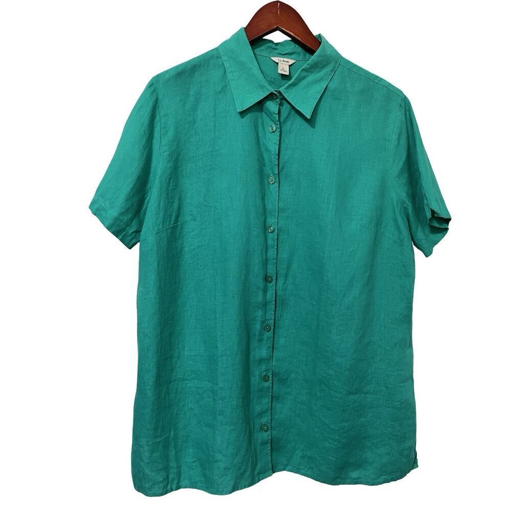 LL Bean Women's 100% Linen Button Up Shirt Size L Green Lagenlook‎ Beachy